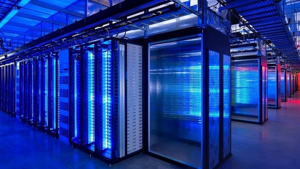 A datacenter with blue and red lighting